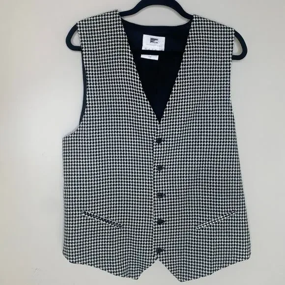 Vintage Black White Herringbone Vest Lined Sz XL - Picture 6 of 6